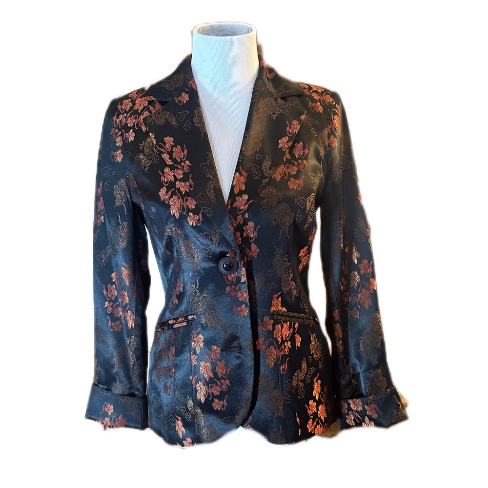 Floral Dragon Jacquard Black Blazer with Copper Accents suit jacket Korinna 4